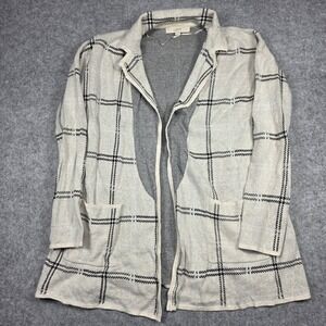 LOFT Cardigan Womens L Cream Black Plaid Windowpane Open Front Blazer